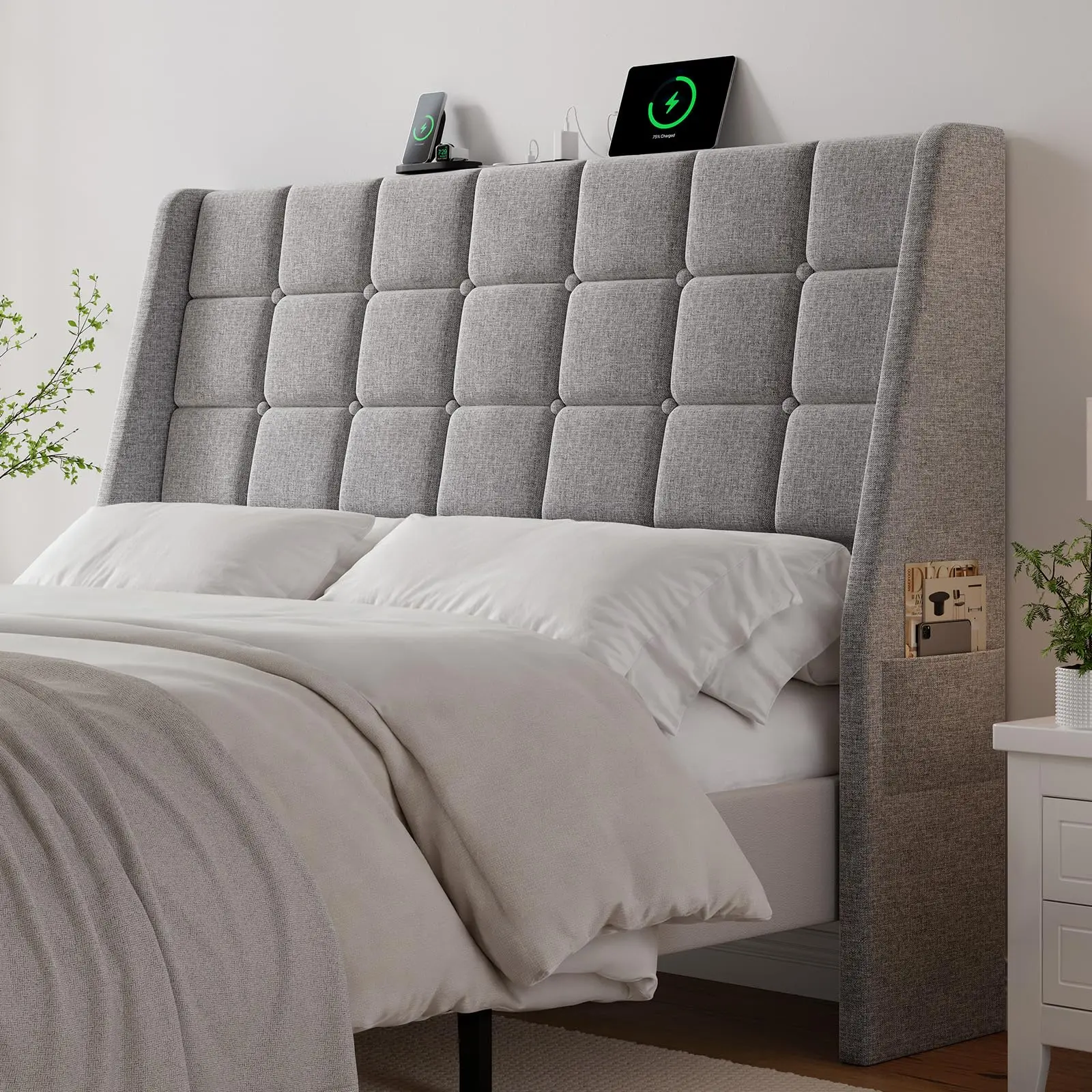 【SummerFinds】ONBRILL Ergonomic Upholstered Full/Queen Size Headboard w/Charging Station, Linen Wingback Headboards w/Storage Pocket, Full Headboard Only, Bed Frame Adapters, Sturdy Solid Wood Bed Head Board