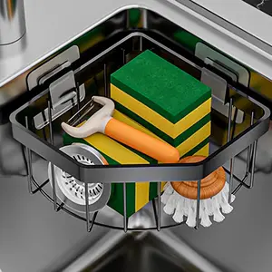 PrimPick Sponge Holder for Corner Kitchen Sink, Adhesive Stainless Steel Kitchen Sink Organizer Caddy,Dish Cloth Hanger Sponge Holder Soap Storage Rack for Space-Saving Storage(not for Rounded), Bathroom Storage Rack