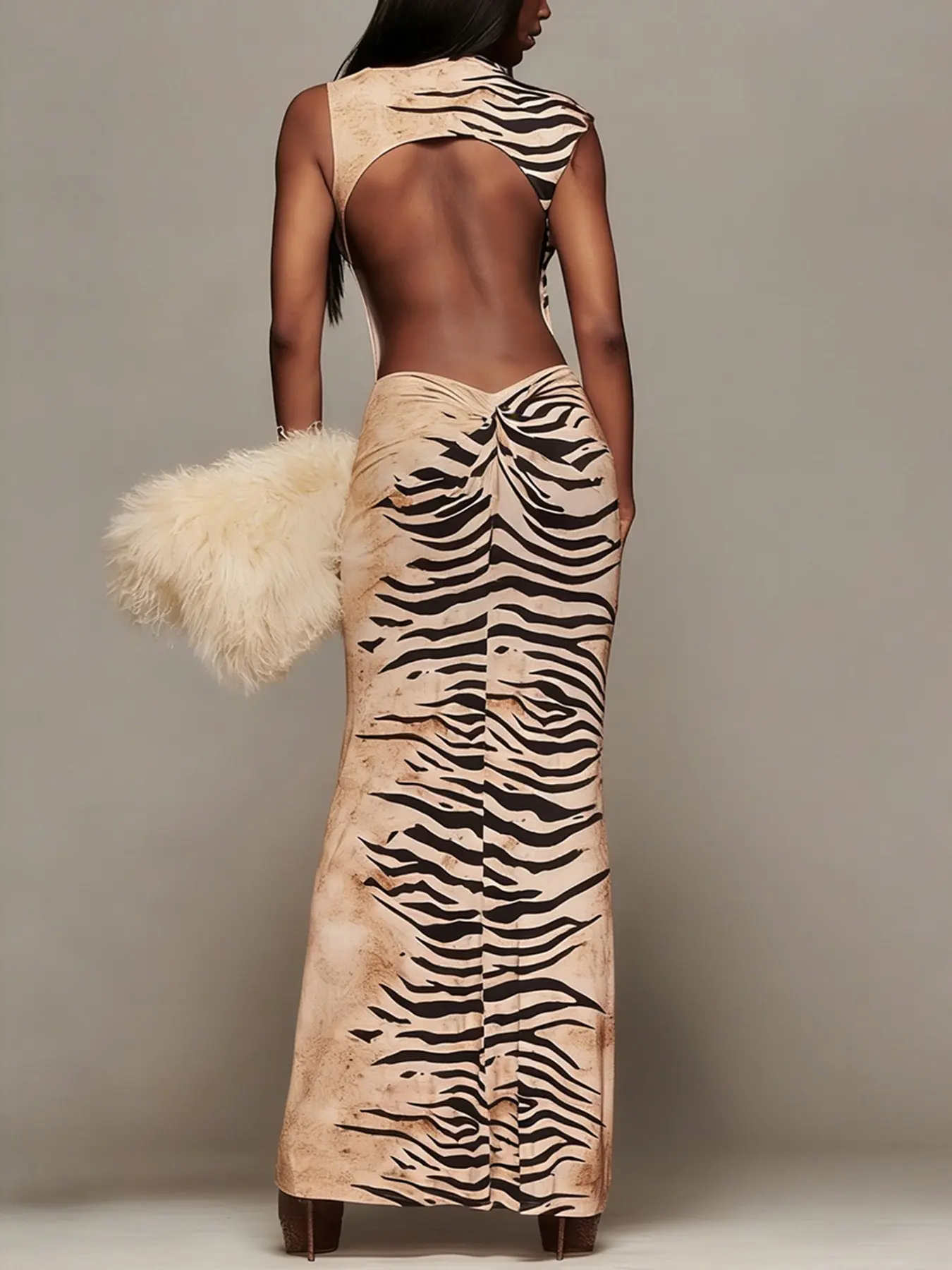 Women's Zebra Striped Sleeveless Dress, Womenswear Sexy Long Dress with Ruched Back, Slim-Fitting Patterned Clothing, Elegant and Stylish Design, Backless Ruched, Backless Bodycon Sundress, Backless Fitted Dress