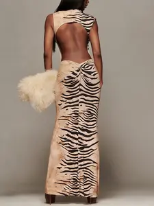 Women's Zebra Striped Sleeveless Dress, Sexy Long Dress with Ruched Back, Slim-Fitting Patterned Clothing, Elegant and Stylish Design