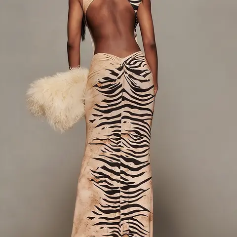 Women's Zebra Striped Sleeveless Dress, Womenswear Sexy Long Dress with Ruched Back, Slim-Fitting Patterned Clothing, Elegant and Stylish Design, Backless Ruched, Backless Bodycon Sundress, Backless Fitted Dress