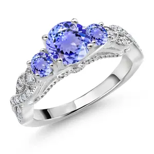 Gem Stone King 1.47 Cttw Blue Tanzanite and White Moissanite 3-Stone Engagement Ring For Women | 925 Sterling Silver | Gemstone December Birthstone | Round 6MM and 3MM | Available In Size 5-9