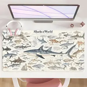 [Mouse Desk Pad] Non-Slip Mouse Pad Large Gaming Mouse Pad With Rubber Base & Stitched Edge Vintage Sharks Scientific Illustration Design Desk Top Protector Mat For Home Office Study Christmas Gift Office Desk Accessories Gaming Desk Accessory