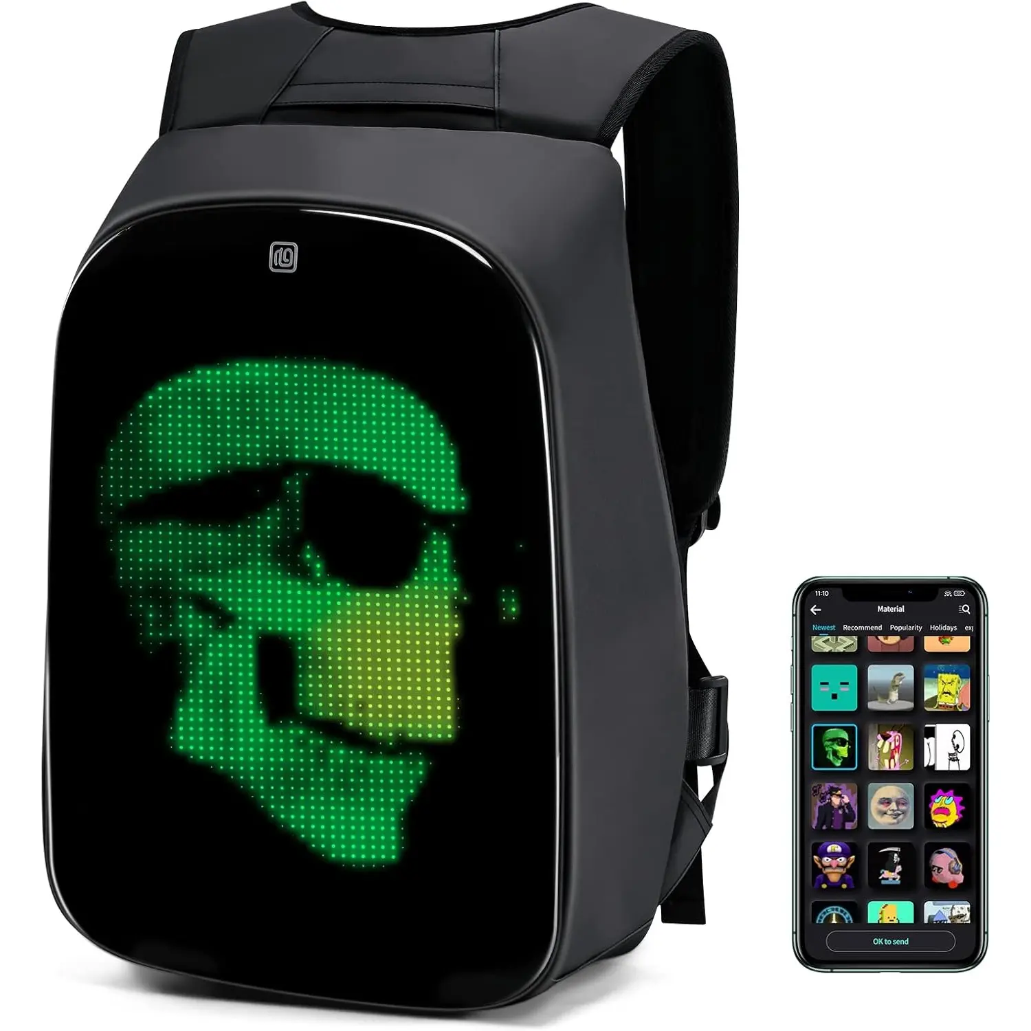 Gelrova Creative LED Animated Backpack - 26L Unisex Water-Resistant Laptop Bag with Programmable DIY Pixel Art, Buckle, Deep Black Glossy Panel, Biking/Gym Accessory, Father's Day Gift Option
