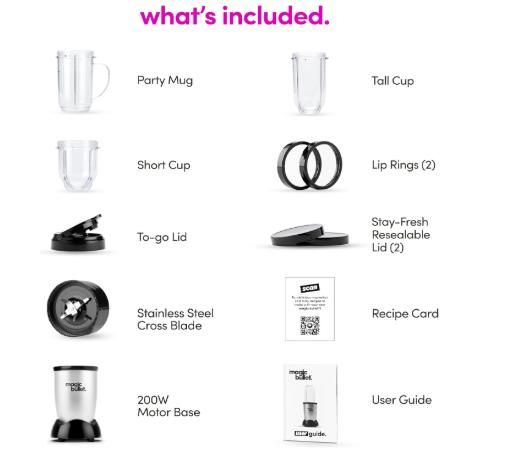 Magic Bullet Blender Small Silver 11 Piece Set 250W Motor Base Cross Blade Cups Party Mug Lip Rings Stay Fresh Lids To Go Lid Recipe Guide
