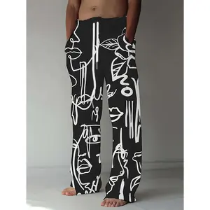 Men's Casual Athletic Joggers with Abstract Face Print - Loose Fit, Polyester Blend, Machine Washable, Jogging Pants