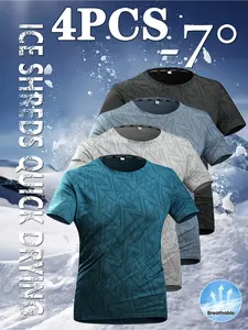 Men’s Ice Silk Fiber Quick-Dry Breathable T‑Shirts (Set of 4) — High-Stretch Moisture-Wicking Geometric Cutout Design Fitness Sports Casual Tops, Modern Fashion Sporty Mesh Shirts