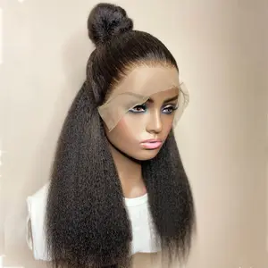 Soft 180%Density 30inch Black Kinky Straight Yaki Hair 13 * 4 * 1 Lace Front Wig Suitable For Women's Synthetic Hair, Heat-Resistant Fashionable For Daily Wear