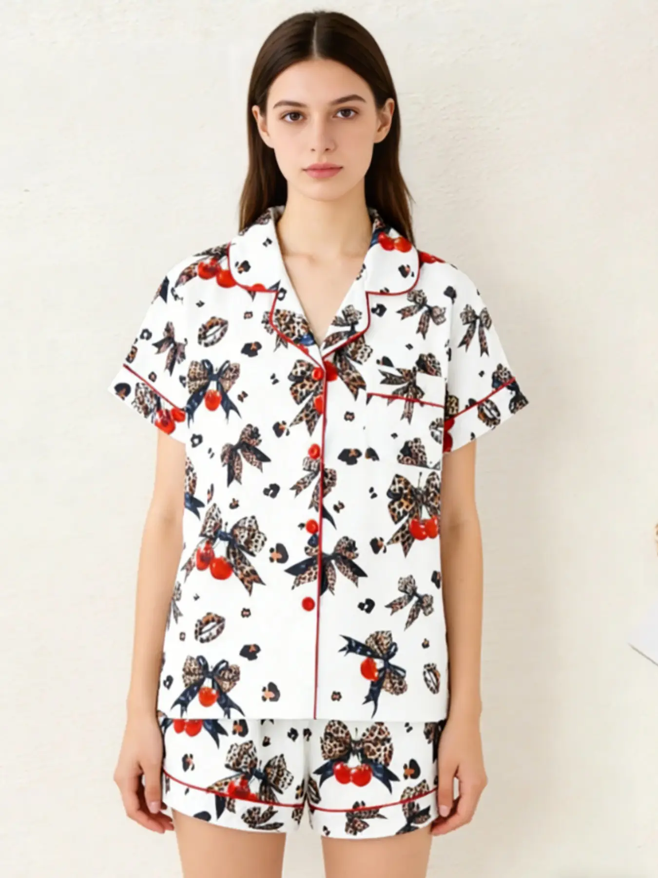Women's Leopard Cherry Bow Printed Sleepwear Set, Loose-Fitting Casual Home Wear Loungewear, Short Sleeve Shorts Pants, Pajama Set, Pyjamas