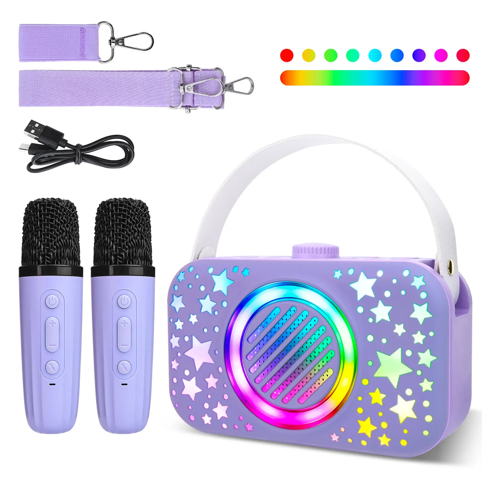Mini Karaoke Machine, Portable Wireless Speaker with 2 Microphones with LED Lights, Voice Recording, 3 Built-in Atmosphere Sound Effects Karaoke Microphone Supports TF/AUX, Gifts for Girls Boys Family Home Party