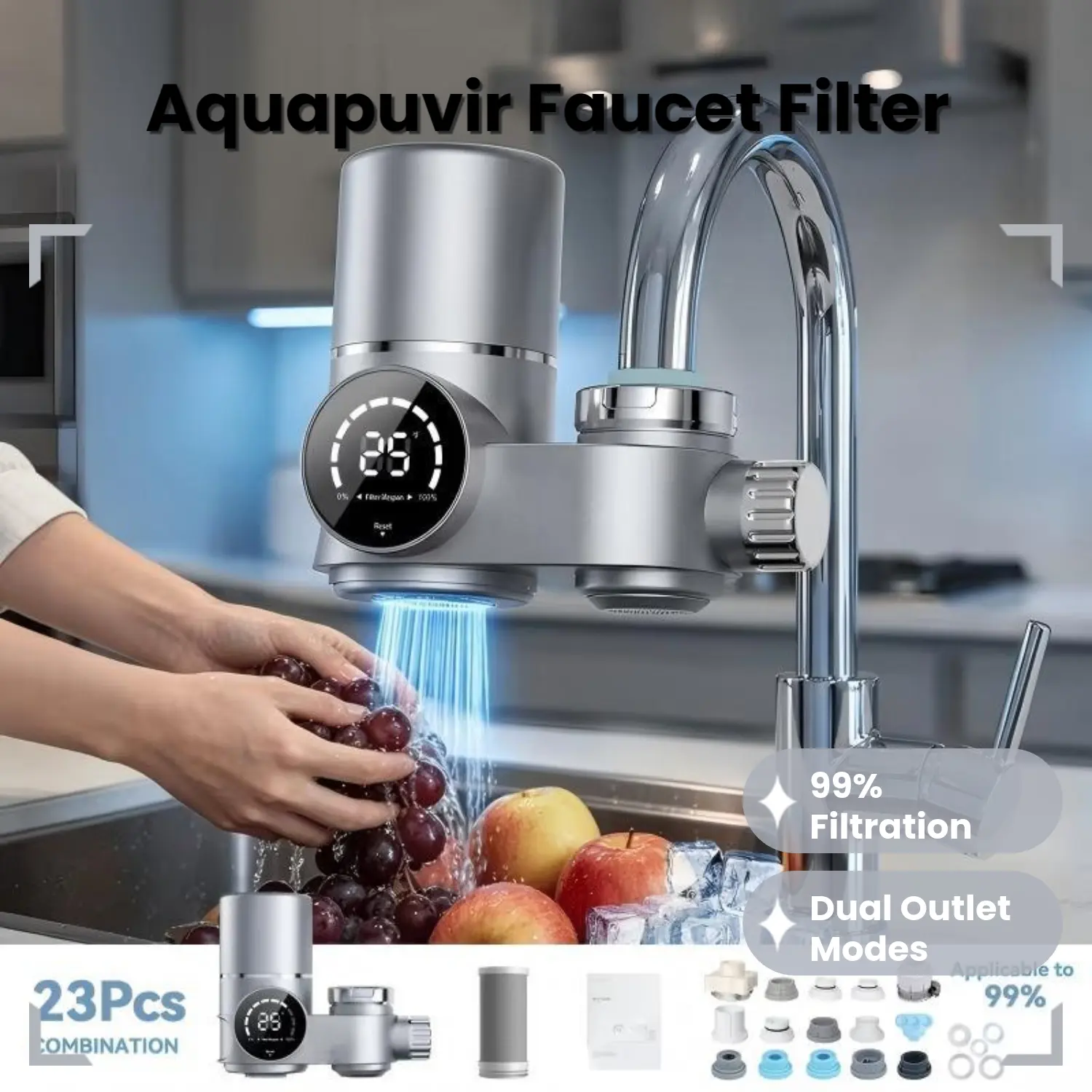 AQUAPUVIR Licensed Metallic Stainless Steel Kitchen Sink Faucet Water Purifier - Wear-Resistant, Auto-Powered LED Light, 99% Filtration Rate, 2.0 Activated Carbon Filter Cartridge, Digital Display, Impurity Removal, Faucet-Mounted Fountain