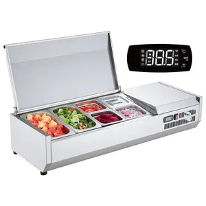【Summervibes】VEVOR Refrigerated Condiment Prep Station,  135 W Countertop Refrigerated Condiment Station, with 2 1/3 Pans & 4 1/6 Pans, 304 Stainless Body and PC Lid, Sandwich Prep Table with Stainless Guard, ETL