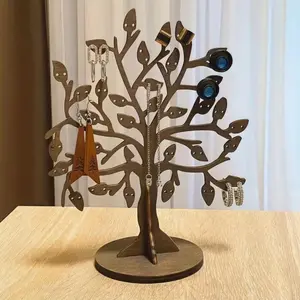 Tree-shaped wooden jewelry stand, rustic style decorative jewelry tree storage rack with multiple hooks for earrings, necklaces, bracelets, and rings, suitable for a tabletop jewelry display on a dressing table or in a closet
