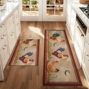 2Pcs Three Roosters Retro Floor Mat Set Abstract Art Sketched Printed Carpet Farmhouse Anti Fatigue Kitchen Carpet Anti Slip Washable Kitchen Restaurant Floor Sink Laundry Room Decoration Carpet Mat Decorative Rug Mat Durable Area Rugs