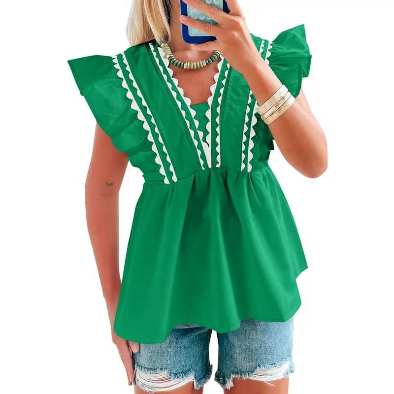 【Limited Deals】TANKANEO Women's V-Neck Babydoll Blouse, Elegant Ruffle Short Sleeve Top with Scalloped Trim, Loose-Fitting Dressy Casual for Summer, Lady, Shirts,clothes for back to school,first day of school outfits
