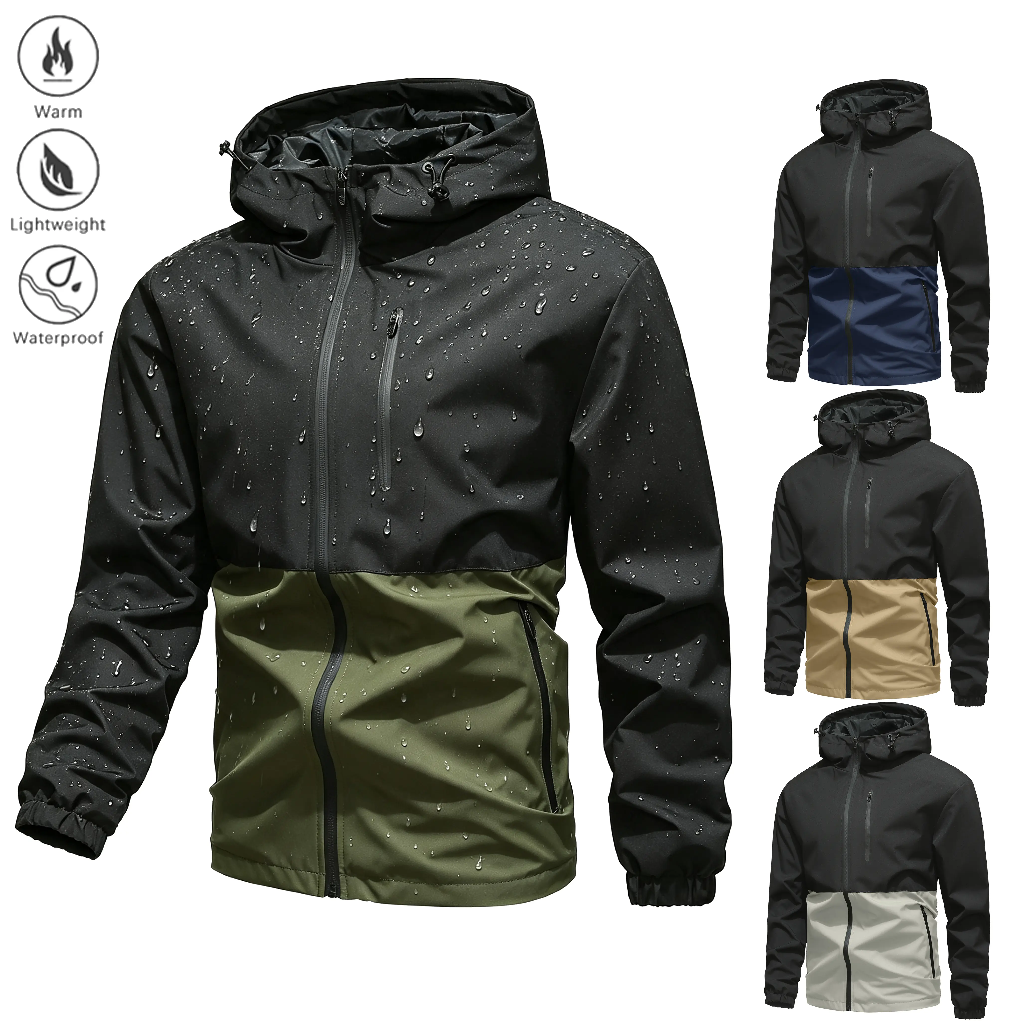 Men’s color-block hooded windproof jacket with contrasting panels, featuring a two-tone design, zipper closure, and drawstring hood; lightweight top with multiple pockets, suitable for hiking, outdoor activities, and streetwear in spring and autumn.