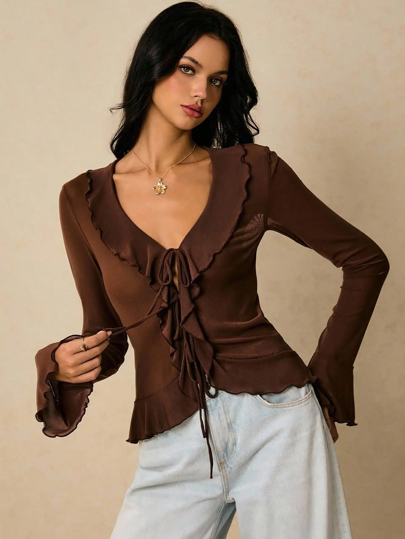 VYNCE Autumn Ruffle Trim Mesh Long Sleeve Blouse Elegant Tie-Flap Flare Top Shades Of Brown Vintage Old Money Style Going Out