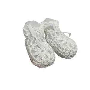White Crochet Booties with Ribbon Tie - 100% Soft Acrylic Yarn - Comfort, Foot Wear