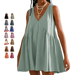 Tanming Women’s V-Neck Tank Sundress | Springfresh Casual Flowy Sleeveless A-line Mini Dress with Two Side Pockets, Layer with Mesh Tops on Chilly Days or Wear Alone for Spring,Summer Outfits Vneck Bluegrey Womenswear
