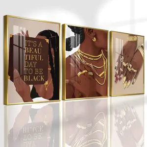 3 Count Aluminum Alloy Frame Canvas, Fashion Poster, Afro Woman Gold Jewelry Art, Modern Living Room Decoration, Light Luxury Family Art, Suitable For Bedroom, Corridor And Office Wall Decor, Gift