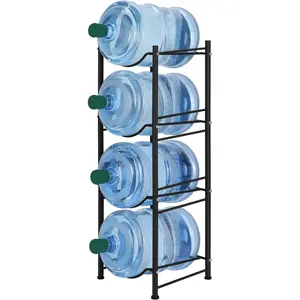 4-Tier Heavy Duty Water Bottle Jug Holder for 5 Gallon Water Cooler, Detachable Organizer Shelf for Home, Kitchen, Office, and Breakroom, Space-Saving Black Storage Rack