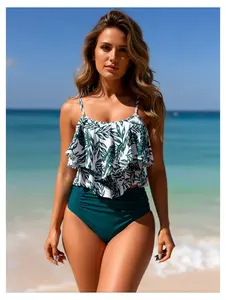 Tankini Swimsuit for Women Tropical Leaf Print - High Waisted Two Piece Bathing Suit Ruffled Flounce Swimwear UPF 50+ - Adjustable Straps