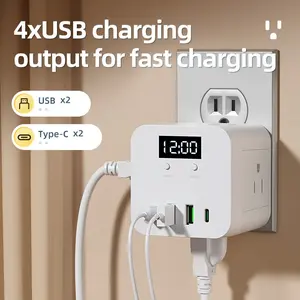 Multifunctional Us Plug Power Strip with Electronic Clock, Multi-Outlet Socket, Fast Charging Port, Compact Design, Essential for Bedroom Office