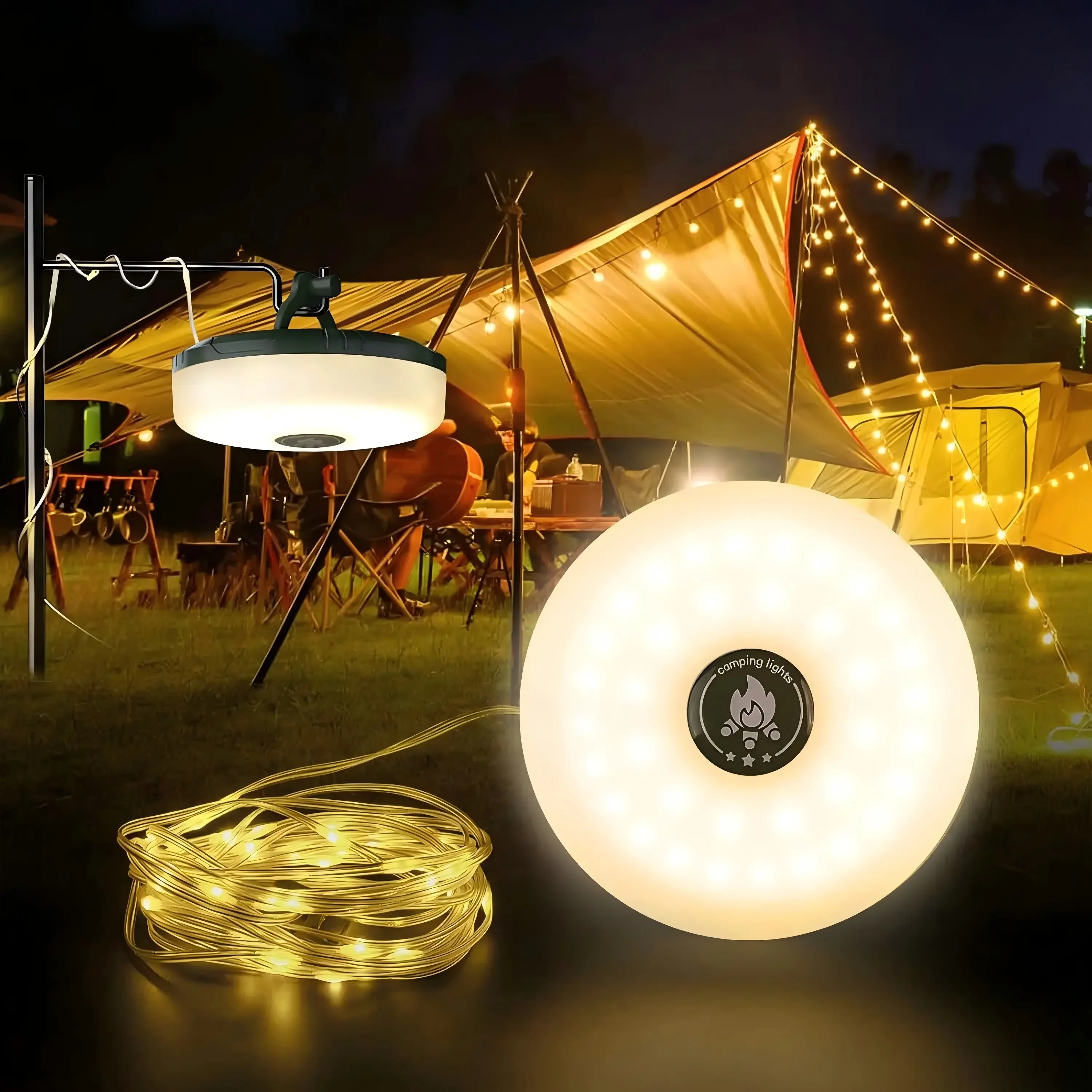 Camping light string, 32.8Ft Retractable LED String Lights, Solar & Battery Powered, Waterproof Emergency Outdoor Lights