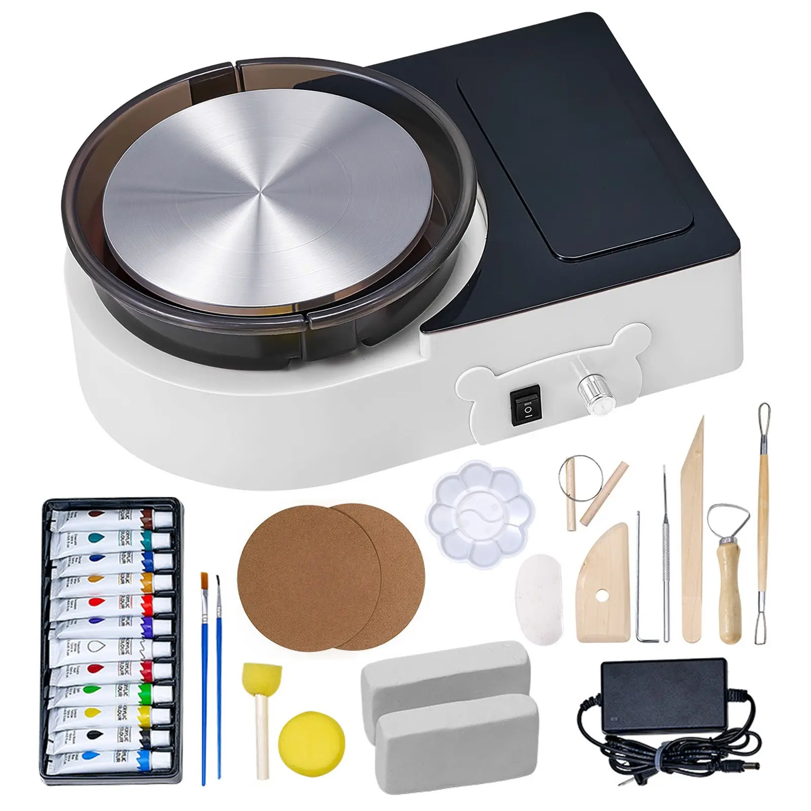 Mini Pottery Wheel – 6 inch Turntable with Forward & Reverse Rotation, Adjustable Speed. Complete Kit with Clay Shaping Tools, Paints, Palette, Clay, Brush & Apron. 30W Quiet Motor. For Kids & Adults. Home DIY, Pottery Classes. White