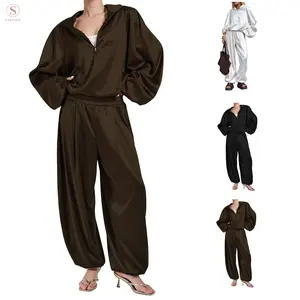 Yimoon Womens Zip 2 Piece Outfit Set Silk Satin Lounge Set Silky Long Sleeve Top Joggers Tracksuit Sweatsuit
