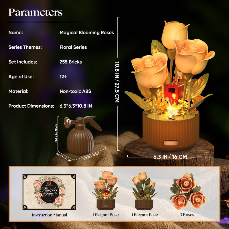 TOKMOC Valentine’s Gift Idea EN FLEUR,Blooming Rose Building Blocks Set, DIY Flower Building Kit with Light & Blooming Motion, Includes Remote Watering Can with Watering Sound,Christmas Gift and Home Decoration,for aged 12 and above,255 Pieces