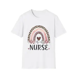Leopard Pink Rainbow Nurse T-Shirt | Heart EKG Floral