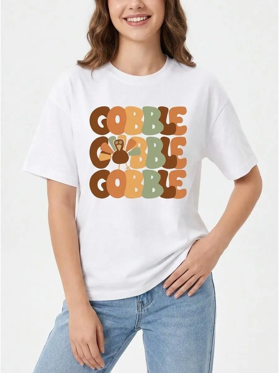 Retro Gobble Thanksgiving Tee Graphic 100% Cotton Black White S-5XL Women Holiday-outfit Funny-turkey Retro-aesthetic Gift