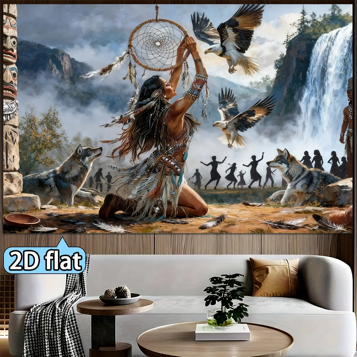 2D Flat, 2D Flat Indian Tribal Totem Dreamcatcher Tapestry- Horizontal Wall Hanging with Eagle and Wolf Patterns, Tribal Style, Suitable for Decoration, Dorm Room, Indian Reservation Cultural Banner Cloth, 2D Flat