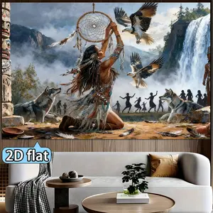 2D Flat, 2D Flat Indian Tribal Totem Dreamcatcher Tapestry- Horizontal Wall Hanging with Eagle and Wolf Patterns, Tribal Style, Suitable for Decoration, Dorm Room, Indian Reservation Cultural Banner Cloth, 2D Flat