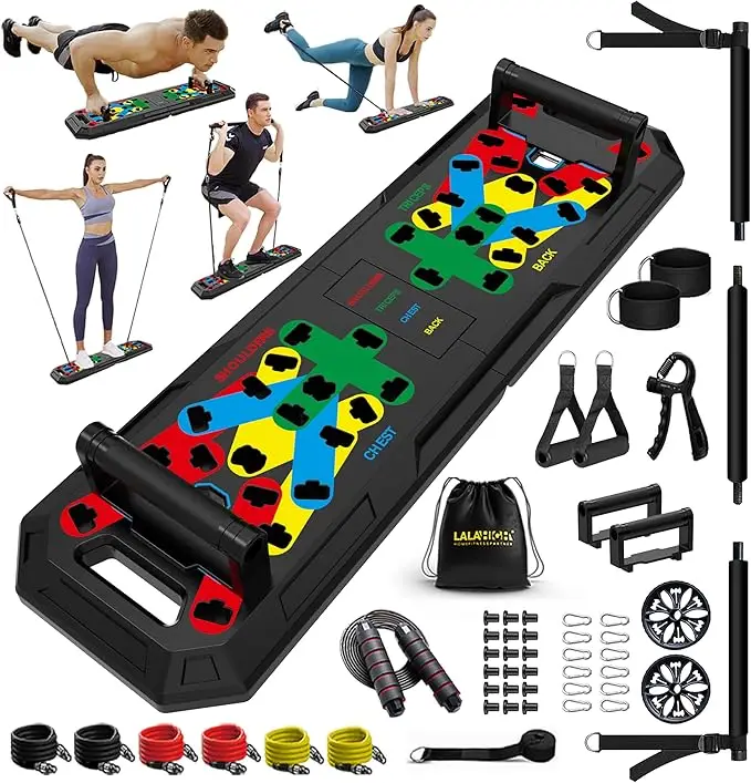 LALAHIGH Home Gym Kit, All-in-One Fitness Equipment with Push-Up Board, Resistance Bands with Bar, Pilates Bar, Pulley and Multi-Functional Training B