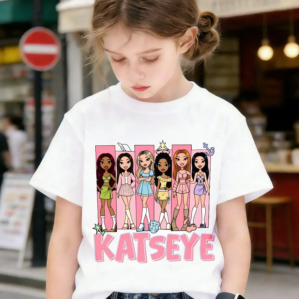 Cartoon Style KATSEYE Girl Group Print American Street Y2K Hip-Hop Style Cute Baby Outfit,Fun And New Fashion For Little Girls and Boys, Versatile Casual Outdoor Teen's Clothing, Durable, Soft And Comfortable