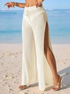 VYNCE Women's Apricot Tie Waist Side Slit Beach Cover Up Pants Loose Fit Summer Knitwear