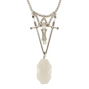 Silver dual sword and large quartz nugget pendant medieval clear rhinestone necklace