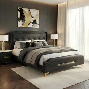 Modern Upholstered Queen/King Bed Frame with Wingback Headboard, PU Leather Platform Bed, Noise-Free, Heavy Duty Support, Easy Assembly, No Box Spring Needed