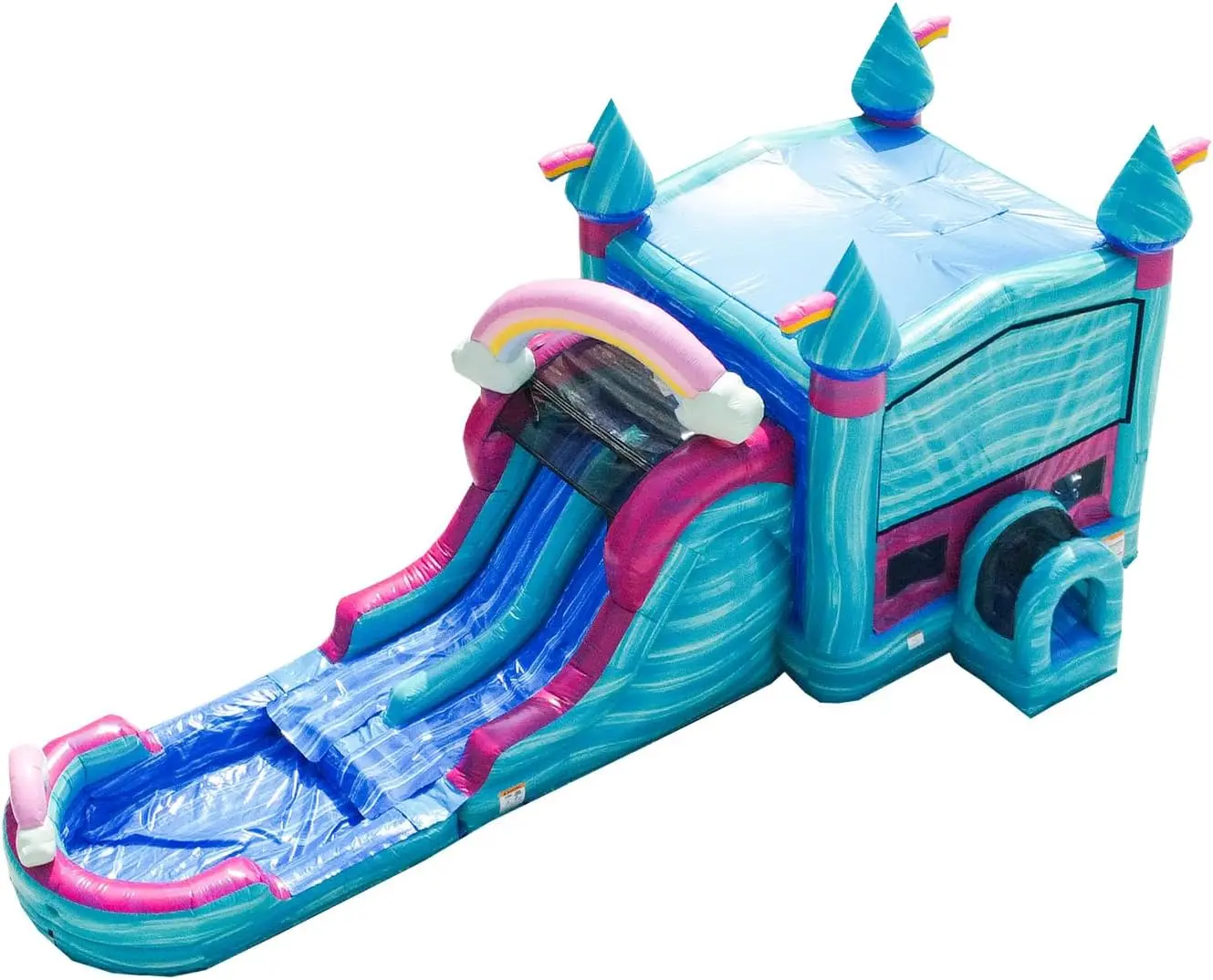 JumpOrange I'MPERFECTLY Commercial Grade Bounce House Water Slide with Dual Lane and Detachable Pool for Kids and Adults (with Blower), Tunnel Entrance, Basketball Hoop, Wet Dry Use, Obstacle Pop Ups