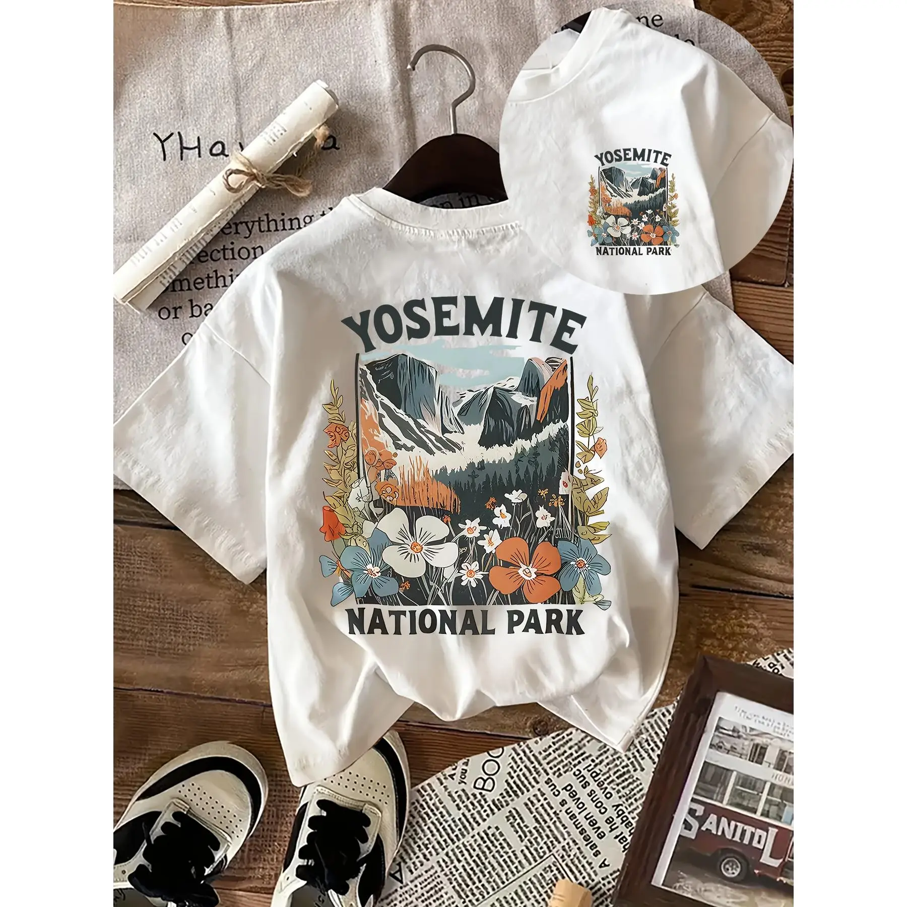 Women's Yosemite Graphic T-Shirt, Vintage 100% Cotton Streetwear Tee with Double-Sided Print, Classic Fit Casual Outdoors Top, Lady, Shortsleeve, Wedding, Thanksgiving, Easter, Valentines Day, Ootd Ideas, Sporty Chic, Casual Ootd, Digital Print, Sweet, Sh