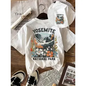 Women's Vintage Yosemite National Park Graphic T-Shirt - Double-Sided Short Sleeve Round Neck Summer Top with Mountain Landscape & Wildlife Print, Machine Washable Casual Outdoor Tee, Hiking Shirt, Retro Style