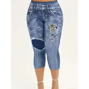Plus Size Women Casual Cat Printed Skinny Capri Leggings