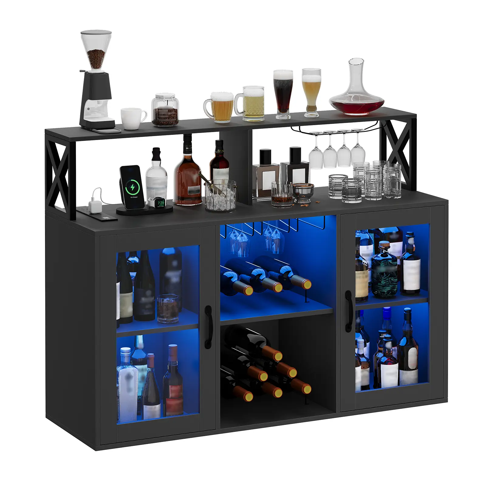 Garvee LED Lighted Wine & Coffee Bar Cabinet – Rustic Sideboard with Outlet, USB, Glass Holder, Adjustable Shelves – Home Liquor Storage for Living Room, Dining Room, Kitchen, Wood & Grey Finish