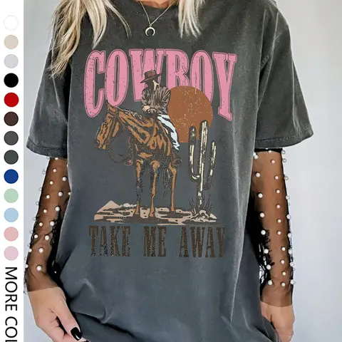 Women's Cowboy & Letter Print Round Neck Tee, Casual Short Sleeve T-shirt for Spring & Fall, Women's Top for Daily Wear, Everyday, Crewneck, Womenswear, Casual Fit Top, Casual Fashion Top