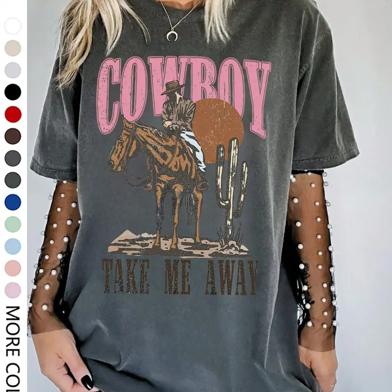 Women's Cowboy & Letter Print Round Neck Tee, Casual Short Sleeve T-shirt for Spring & Fall, Women's Top for Daily Wear, Everyday, Crewneck, Womenswear, Casual Fit Top, Casual Fashion Top