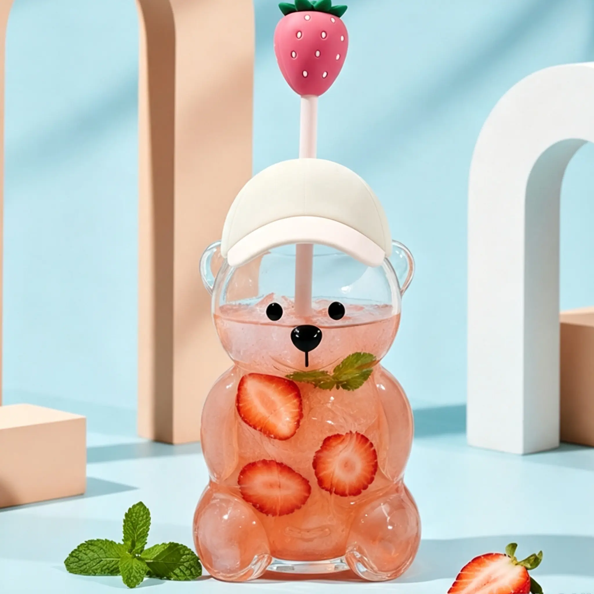 Viral Kawaii Bear Glass Tumbler with Straw & Strawberry Topper, Cute Bearista Shaped Clear Glass Cup Aesthetic Iced Coffee Water Cup, Trendy Drinkware Gift for Girls