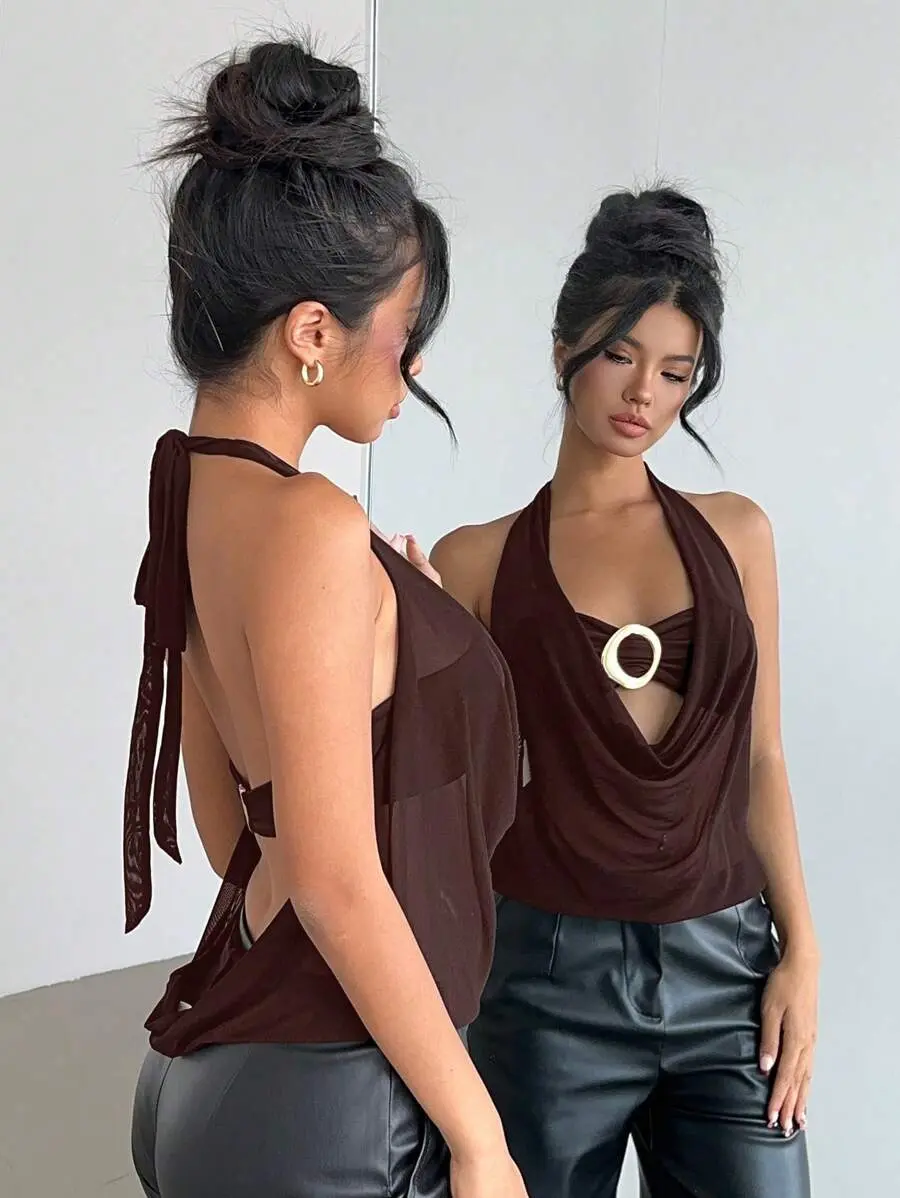 [FREE SHIPPING] New Sexy Semi-Sheer Plunging Neck Backless Metallic Decor Top