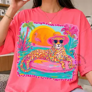 Comfort Colors Preppy Summer Beach Shirt T-Shirt, Girly Retro Leopard Graphic Tee, Colorful Cute Summer Vibes Aesthetic, Trendy Vacation Outfit Shirt Gift for Her, Cotton Fabric
